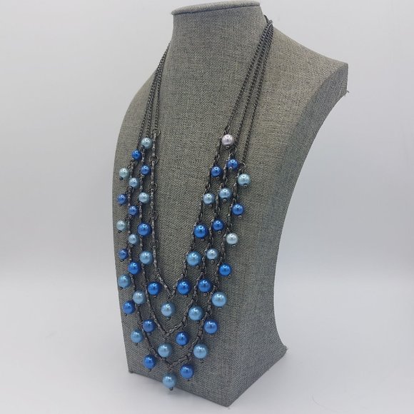 Necklace Blue Glass Beads Tripple Strand Gun Metal Gray Chain Satellite Beads Bi - Picture 2 of 7